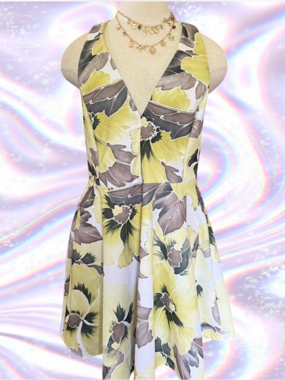 Charlotte Russe Yellow, Gray and White Floral V‑Neck Mini Dress